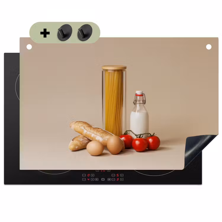 Spaghetti - Melk - Tomaten - Eieren - Brood Inductie beschemer met haakjes klein -3d