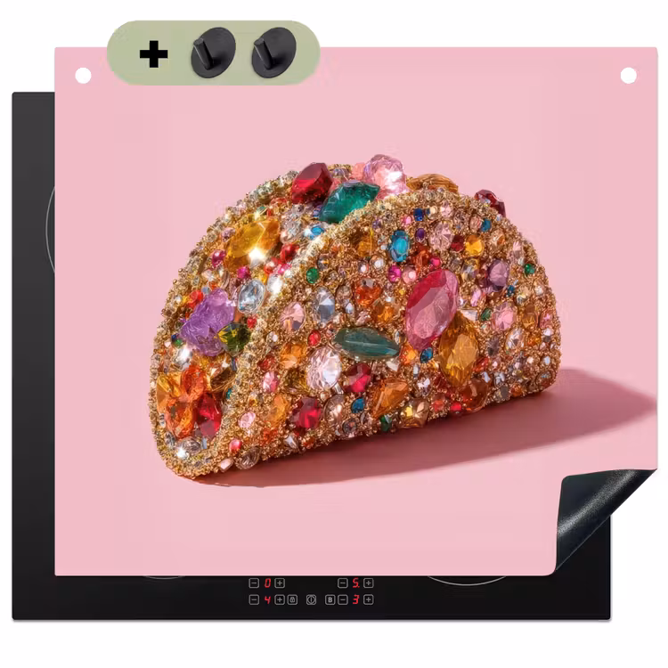 Taco - Kleurrijk - Edelstenen - Goud Inductie beschemer met haakjes middel -3d