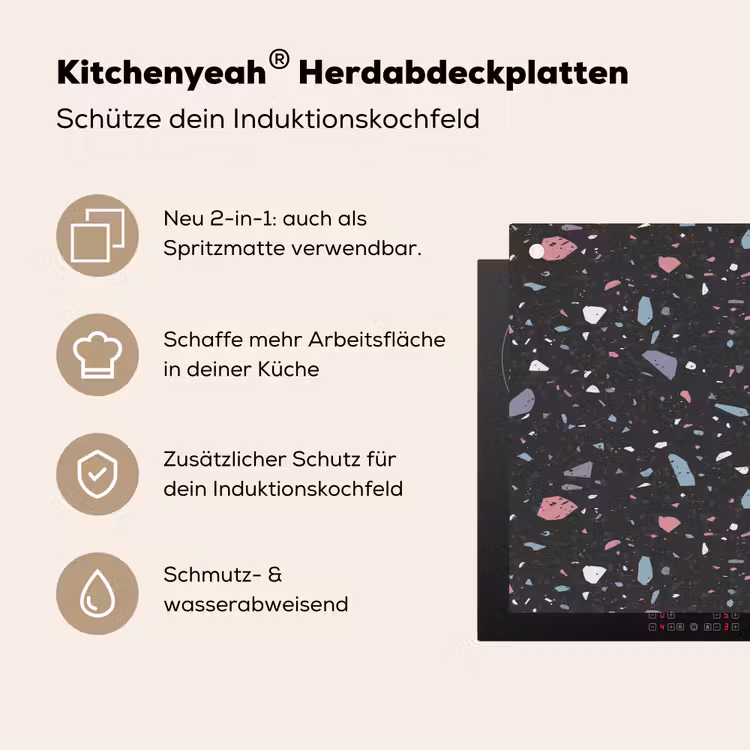 Terrazzo - Patroon - Zwart - Zacht Inductie beschemer met haakjes klein 777 -ky-usp-de