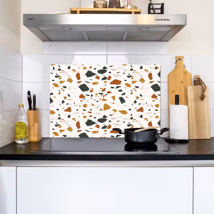 Terrazzo - Patroon - Wit - Terra Inductie beschemer met haakjes klein 777 -sfeer2
