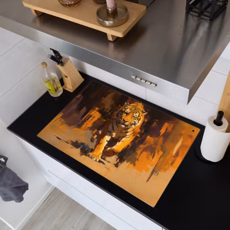 Tijger - Geschilderd - Oranje - Penseelstreken Inductie beschemer met haakjes klein -sfeer1