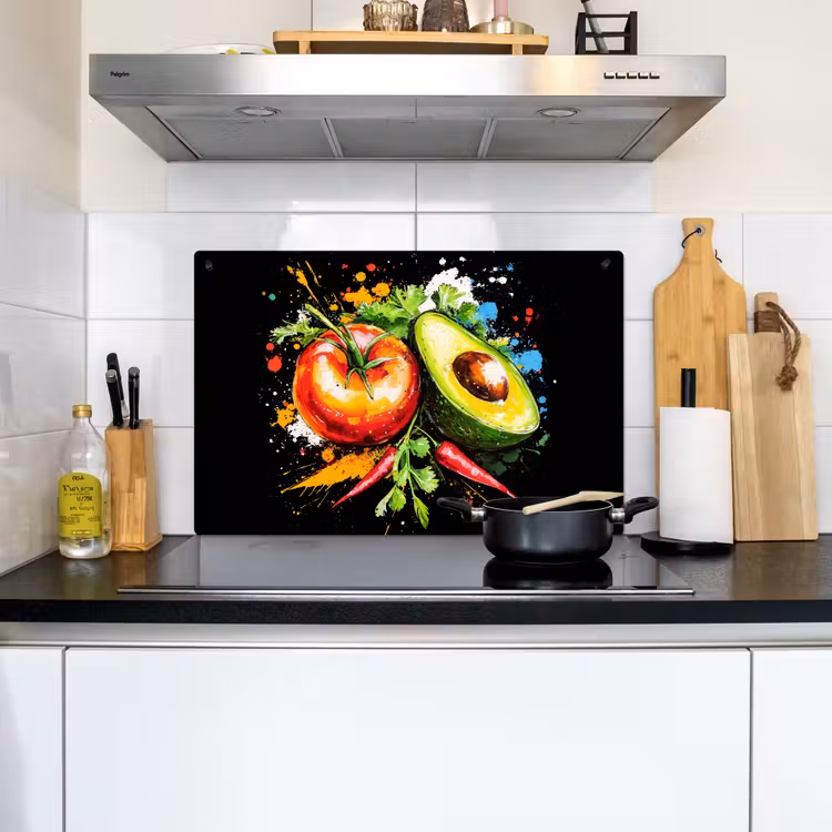 Tomaat - Avocado - Peper - Graffiti - Verf - Modern Inductie beschemer met haakjes klein -sfeer2