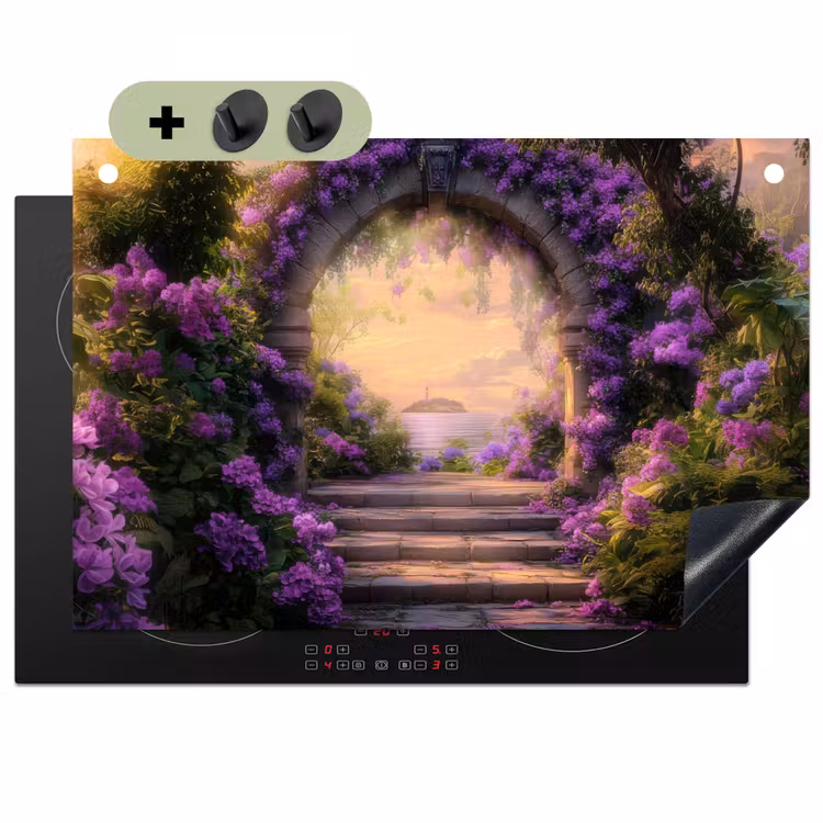 Poort - Paars - Bloemen Inductie beschemer met haakjes klein -3d
