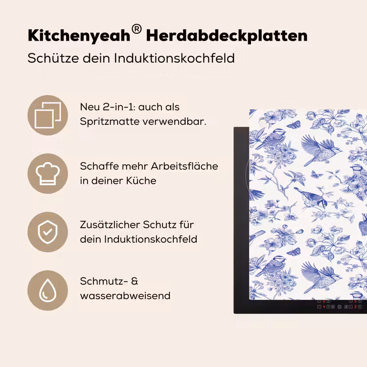 Birds - Flowers - Blue Inductie beschemer met haakjes klein 777 -ky-usp-de