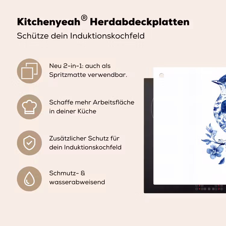 Vogel - Delfts blauw - Illustratie - Bloemen Inductie beschemer met haakjes klein -ky-usp-de