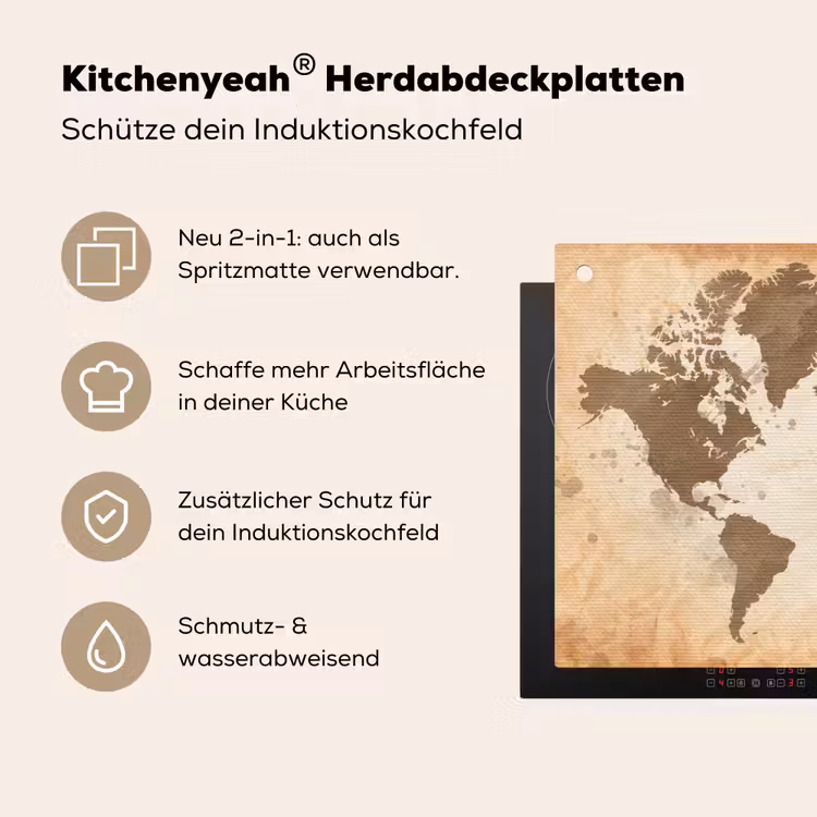 Wereldkaart - Beige - Bruin Inductie beschemer met haakjes klein -ky-usp-de