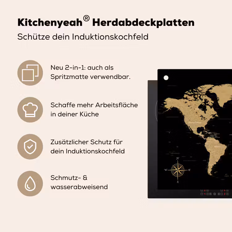 Wereldkaart - Beige - Zwart Inductie beschemer met haakjes klein -ky-usp-de