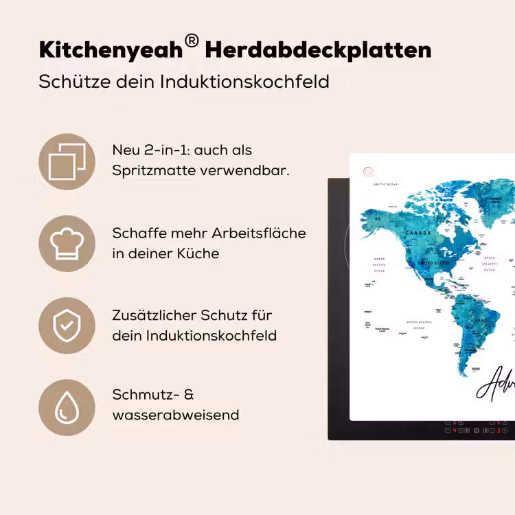 Wereldkaart - Blauw - Kleurrijk Inductie beschemer met haakjes klein -ky-usp-de