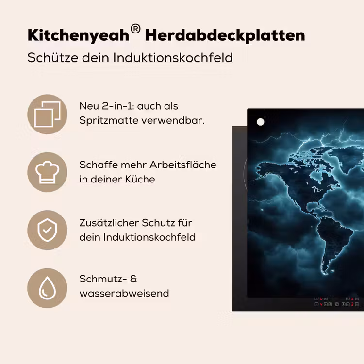 Wereldkaart - Bliksem - Blauw Inductie beschemer met haakjes klein -ky-usp-de