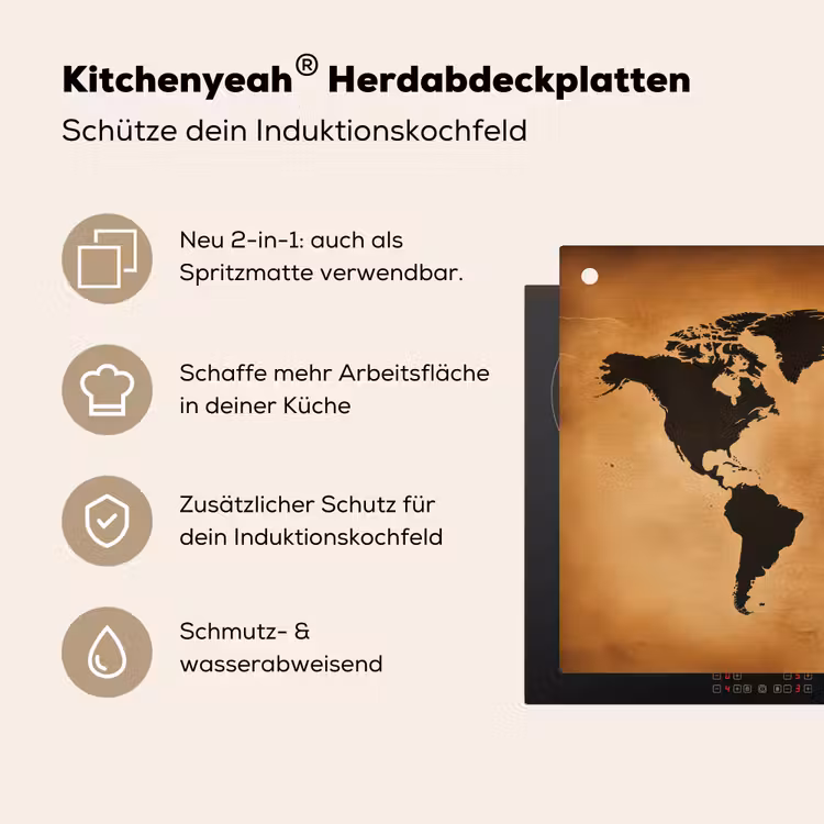 Wereldkaart - Bruin - Kaart Inductie beschemer met haakjes klein -ky-usp-de