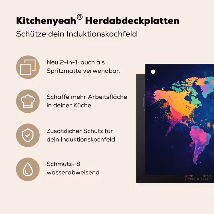 Wereldkaart - Kleurrijk - Graffiti Inductie beschemer met haakjes klein -ky-usp-de