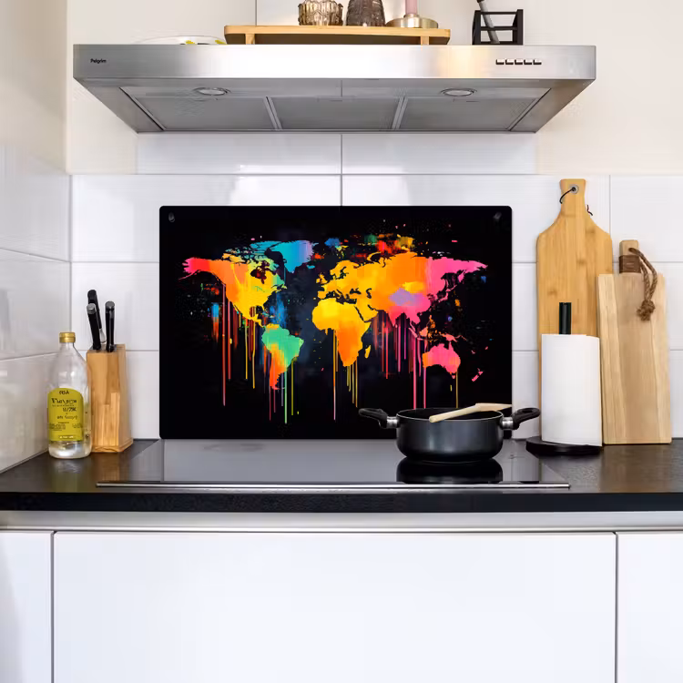 Wereldkaart - Verf - Kleurrijk - Graffiti - Wereld Inductie beschemer met haakjes klein -sfeer2