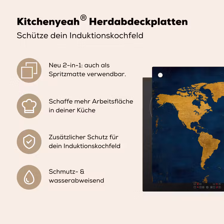 Wereldkaart - Goud - Donkerblauw Inductie beschemer met haakjes klein -ky-usp-de