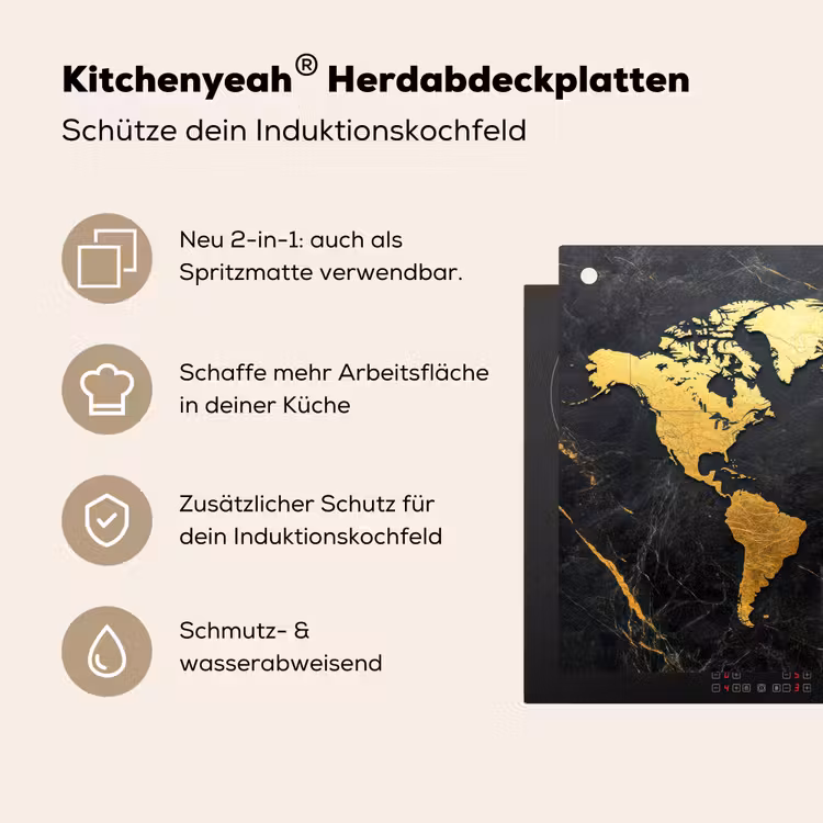 Wereldkaart - Goud - Marmer Inductie beschemer met haakjes klein -ky-usp-de