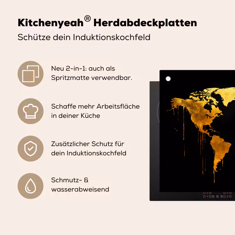 Wereldkaart - Goud - Druipen - Zwart Inductie beschemer met haakjes klein -ky-usp-de