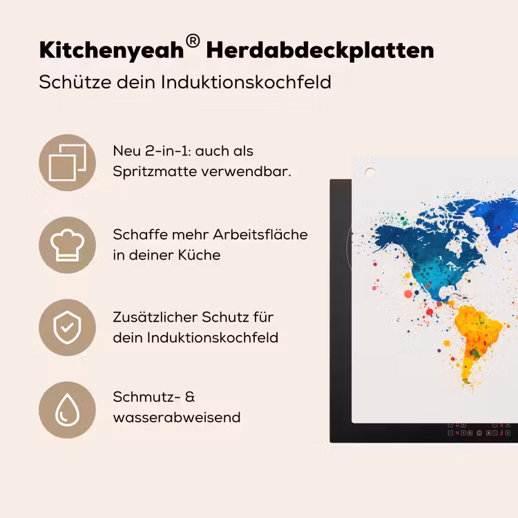 Wereldkaart - Graffiti - Kleurrijk Inductie beschemer met haakjes klein -ky-usp-de