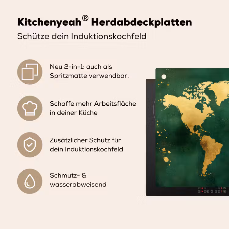 Wereldkaart - Groen - Goud Inductie beschemer met haakjes klein -ky-usp-de