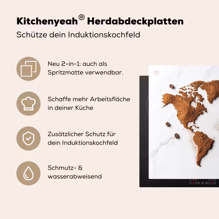 Wereldkaart - Koffie - Marmer Inductie beschemer met haakjes klein -ky-usp-de