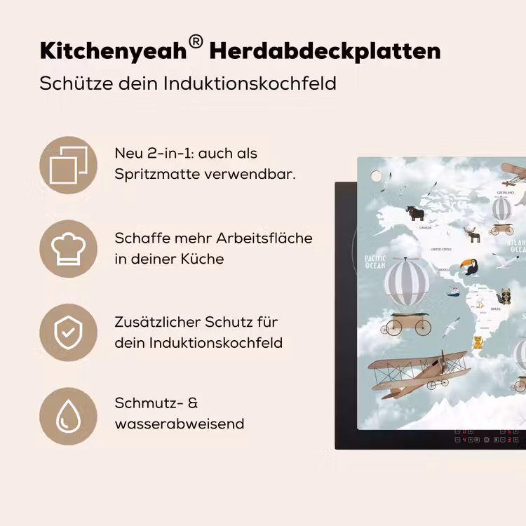 Wereldkaart - Kind - Vliegtuig Inductie beschemer met haakjes klein -ky-usp-de