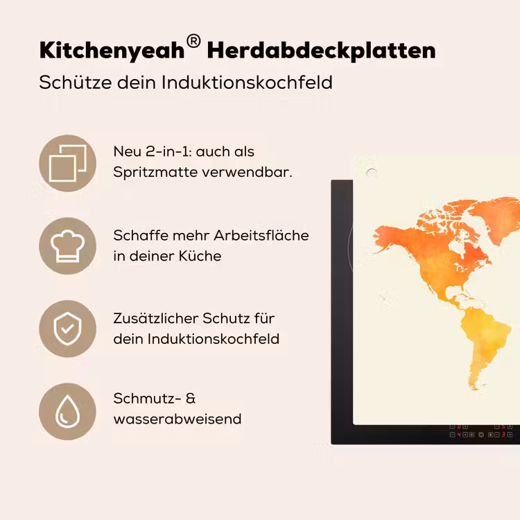 Wereldkaart - Oranje - Kleurrijk Inductie beschemer met haakjes klein -ky-usp-de