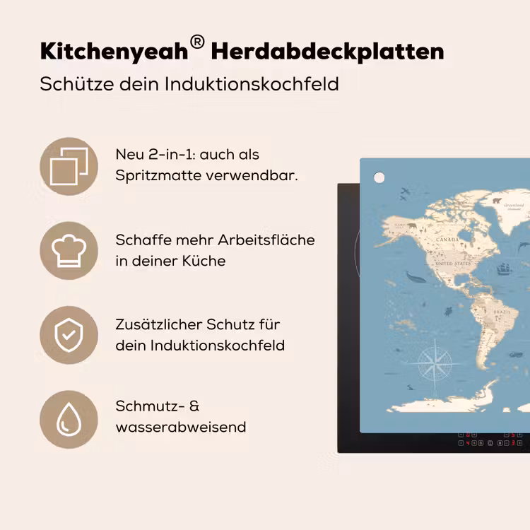 Wereldkaart - Oceaan - Realistisch - Blauw Inductie beschemer met haakjes klein -ky-usp-de
