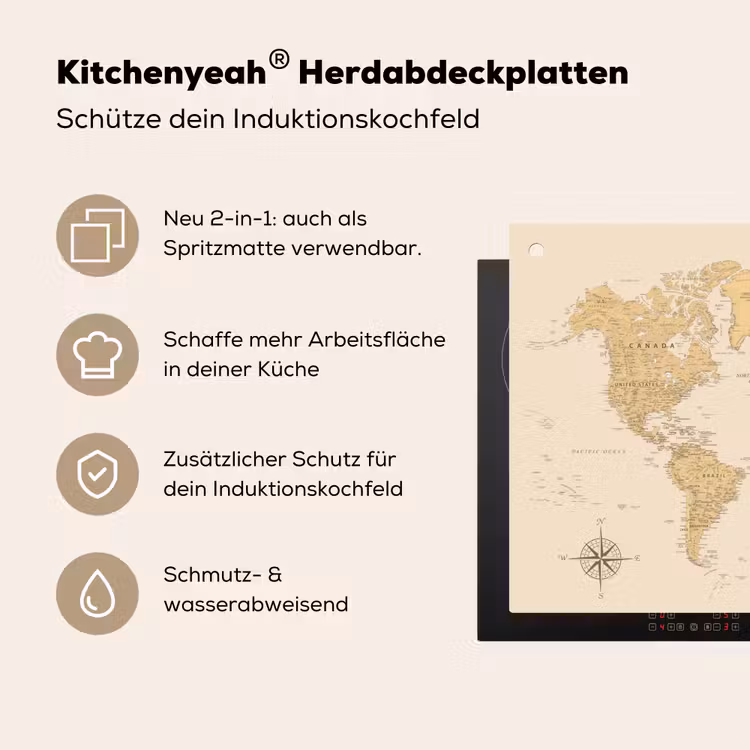 Wereldkaart - Realistisch - Beige Inductie beschemer met haakjes klein -ky-usp-de