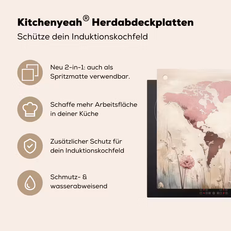 Wereldkaart - Roze - Bloemen Inductie beschemer met haakjes klein -ky-usp-de