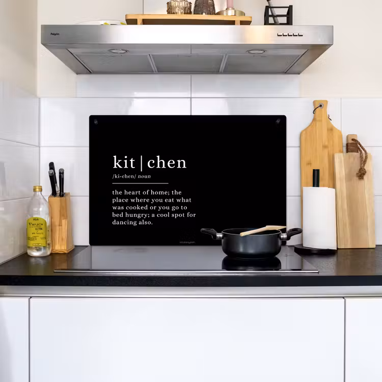 2-in-1 Herdabdeckplatte & Spritzschutz - Zitat - Schwarz - Definition Küche - Quote - Zwart - Definitie keuken Inductie beschemer met haakjes klein
