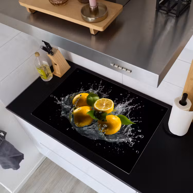 Citroen - Fruit - Geel - Zwart Inductie beschemer met haakjes klein -sfeer1