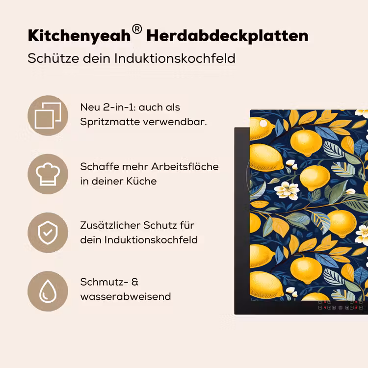 Citroenen - Bloemen - Bladeren - Blauw Inductie beschemer met haakjes klein 777 -ky-usp-de
