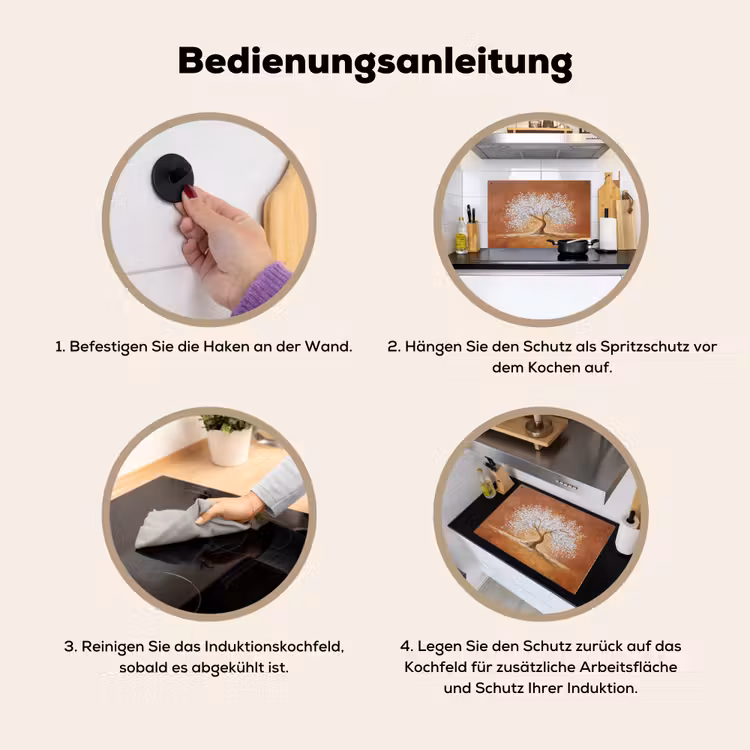 2-in-1 Herdabdeckplatte & Spritzschutz - Abstrakt - Baum - Weiß - Blätter - Abstract - Boom - Wit - Bladeren Inductie beschemer met haakjes klein