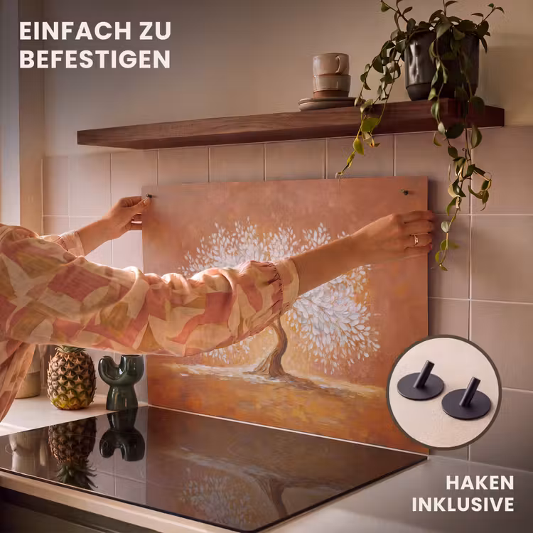 2-in-1 Herdabdeckplatte & Spritzschutz - Abstrakt - Baum - Weiß - Blätter - Abstract - Boom - Wit - Bladeren Inductie beschemer met haakjes klein