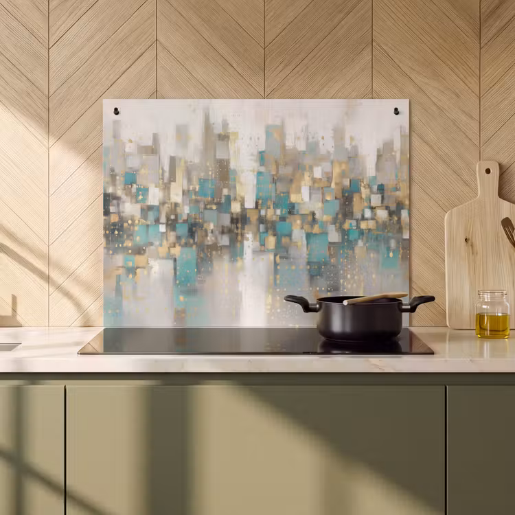 2-in-1 Herdabdeckplatte & Spritzschutz - Abstrakt - Blöcke - Gold - Skyline - Abstract - Blokken - Goud - Skyline Inductie beschemer met haakjes klein