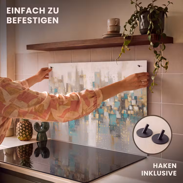2-in-1 Herdabdeckplatte & Spritzschutz - Abstrakt - Blöcke - Gold - Skyline - Abstract - Blokken - Goud - Skyline Inductie beschemer met haakjes klein