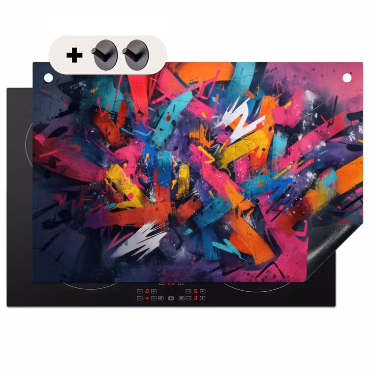 2-in-1 Herdabdeckplatte & Spritzschutz - Abstrakt - Explosion - Neonfarben - Abstract - Explosie - Neonkleuren Inductie beschemer met haakjes klein