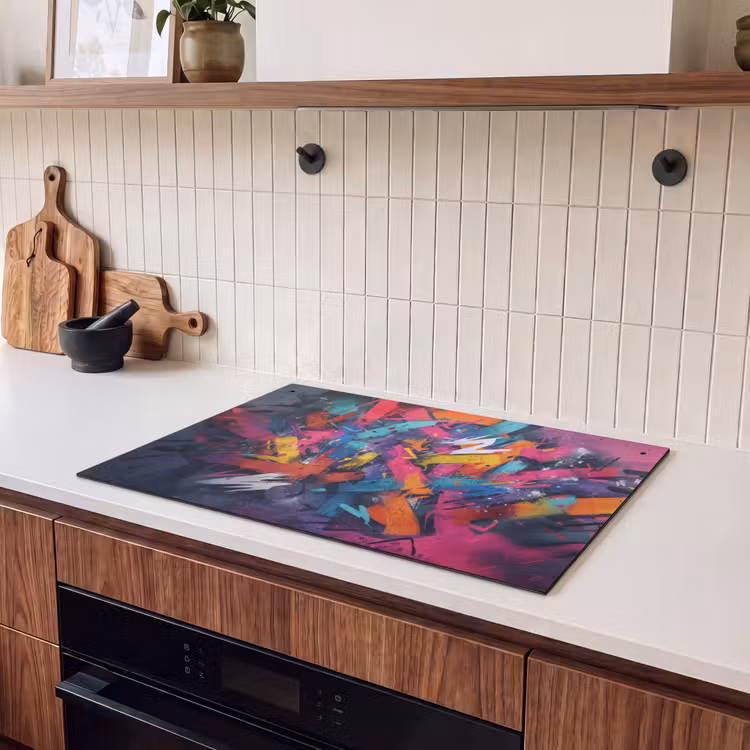 2-in-1 Herdabdeckplatte & Spritzschutz - Abstrakt - Explosion - Neonfarben - Abstract - Explosie - Neonkleuren Inductie beschemer met haakjes klein