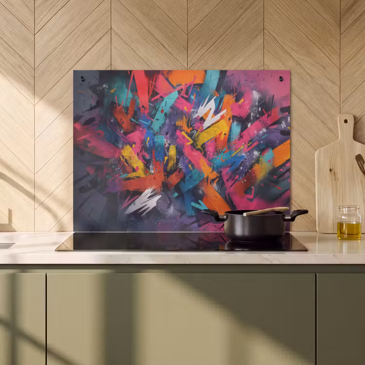 2-in-1 Herdabdeckplatte & Spritzschutz - Abstrakt - Explosion - Neonfarben - Abstract - Explosie - Neonkleuren Inductie beschemer met haakjes klein