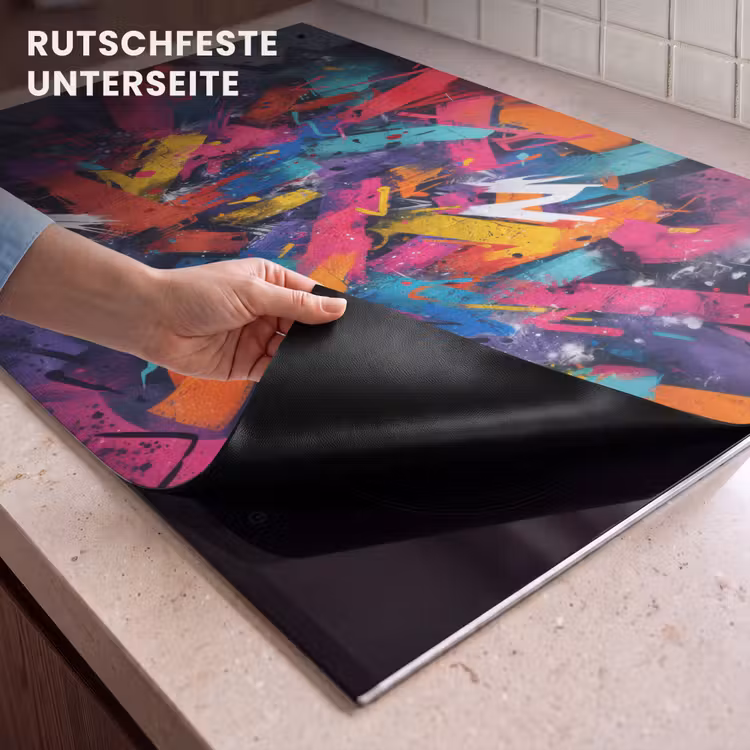 2-in-1 Herdabdeckplatte & Spritzschutz - Abstrakt - Explosion - Neonfarben - Abstract - Explosie - Neonkleuren Inductie beschemer met haakjes klein