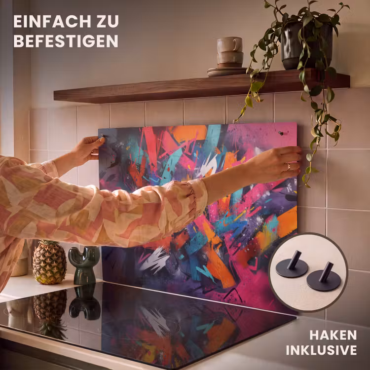 2-in-1 Herdabdeckplatte & Spritzschutz - Abstrakt - Explosion - Neonfarben - Abstract - Explosie - Neonkleuren Inductie beschemer met haakjes klein