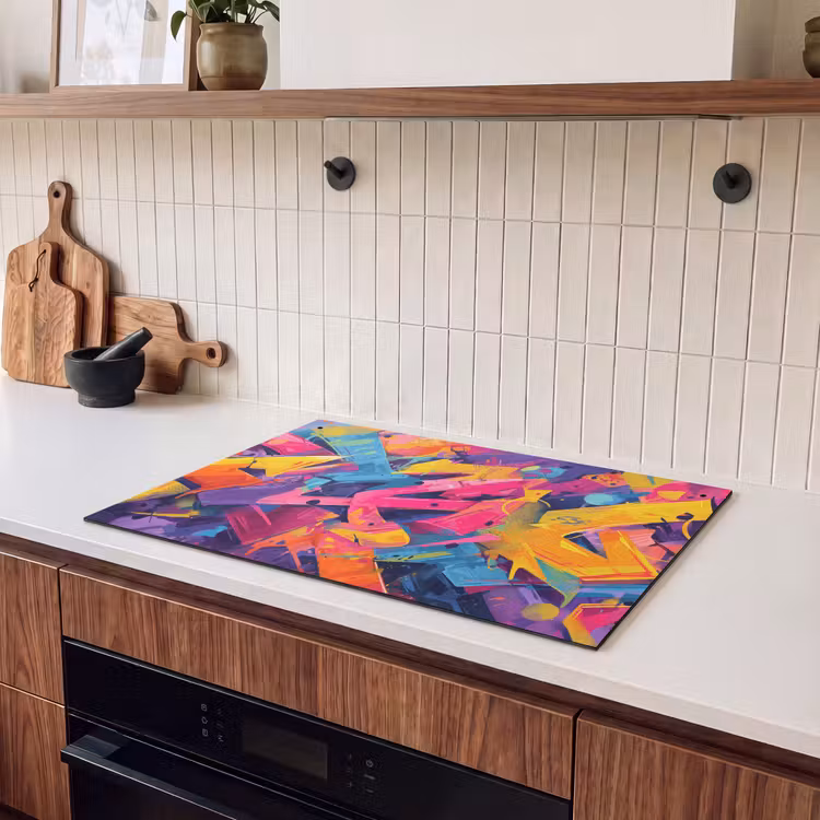 2-in-1 Herdabdeckplatte & Spritzschutz - Abstrakt - Formen - Farbenfroh - Abstract - Vormen - Kleurrijk Inductie beschemer met haakjes klein