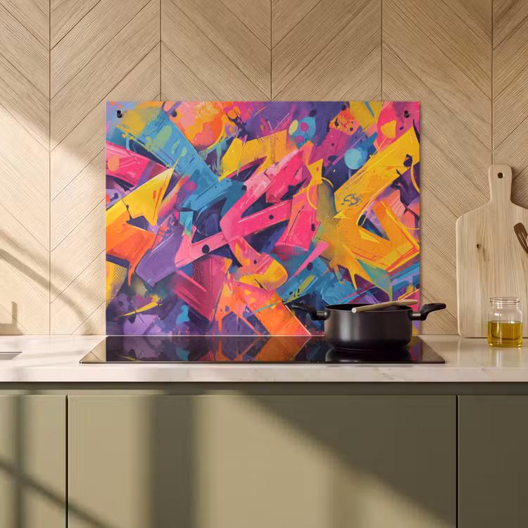 2-in-1 Herdabdeckplatte & Spritzschutz - Abstrakt - Formen - Farbenfroh - Abstract - Vormen - Kleurrijk Inductie beschemer met haakjes klein