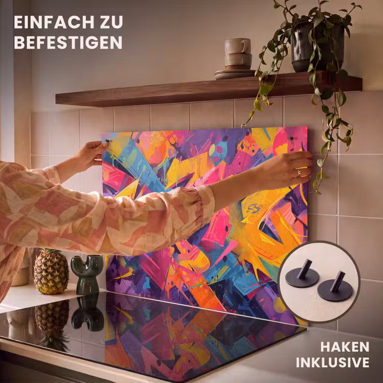 2-in-1 Herdabdeckplatte & Spritzschutz - Abstrakt - Formen - Farbenfroh - Abstract - Vormen - Kleurrijk Inductie beschemer met haakjes klein
