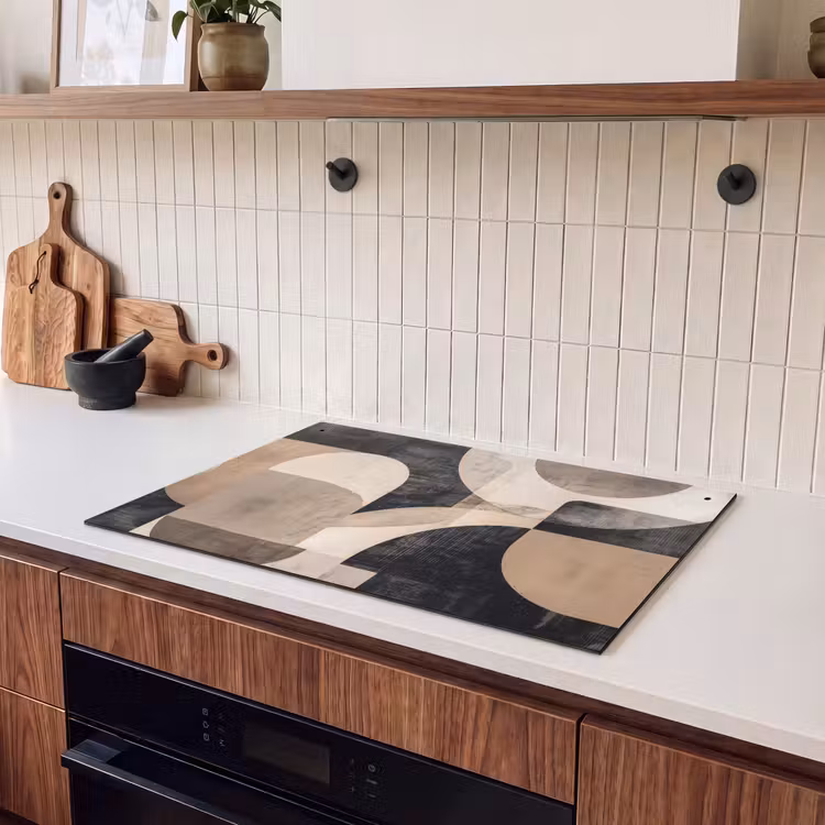 2-in-1 Herdabdeckplatte & Spritzschutz - Abstrakt - Formen - Modern - Beige - Abstract - Vormen - Modern - Beige Inductie beschemer met haakjes klein