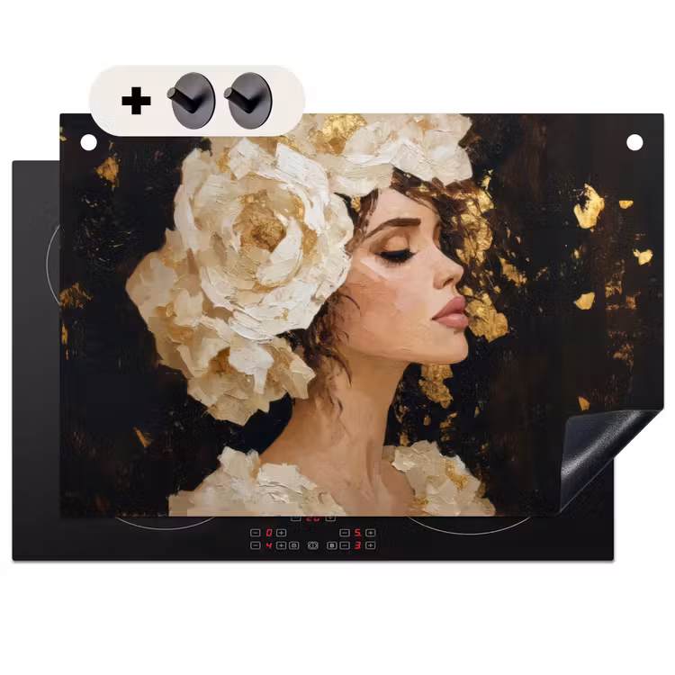 2-in-1 Herdabdeckplatte & Spritzschutz - Abstrakt - Frau - Blumen - Weiß - Abstract - Vrouw - Bloemen - Wit Inductie beschemer met haakjes klein