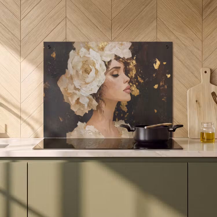 2-in-1 Herdabdeckplatte & Spritzschutz - Abstrakt - Frau - Blumen - Weiß - Abstract - Vrouw - Bloemen - Wit Inductie beschemer met haakjes klein