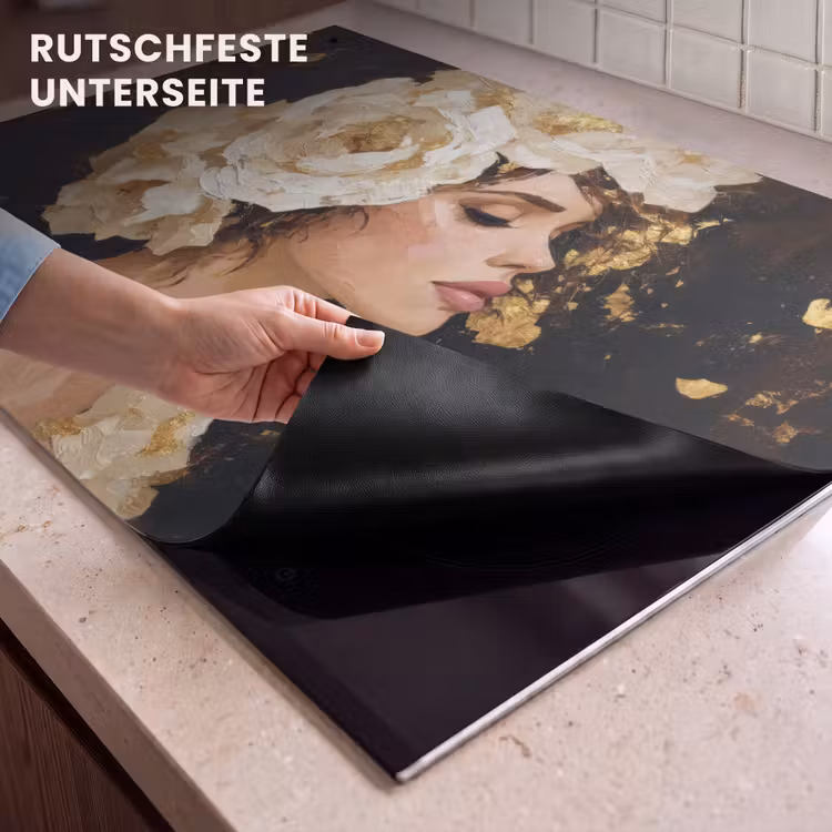 2-in-1 Herdabdeckplatte & Spritzschutz - Abstrakt - Frau - Blumen - Weiß - Abstract - Vrouw - Bloemen - Wit Inductie beschemer met haakjes klein