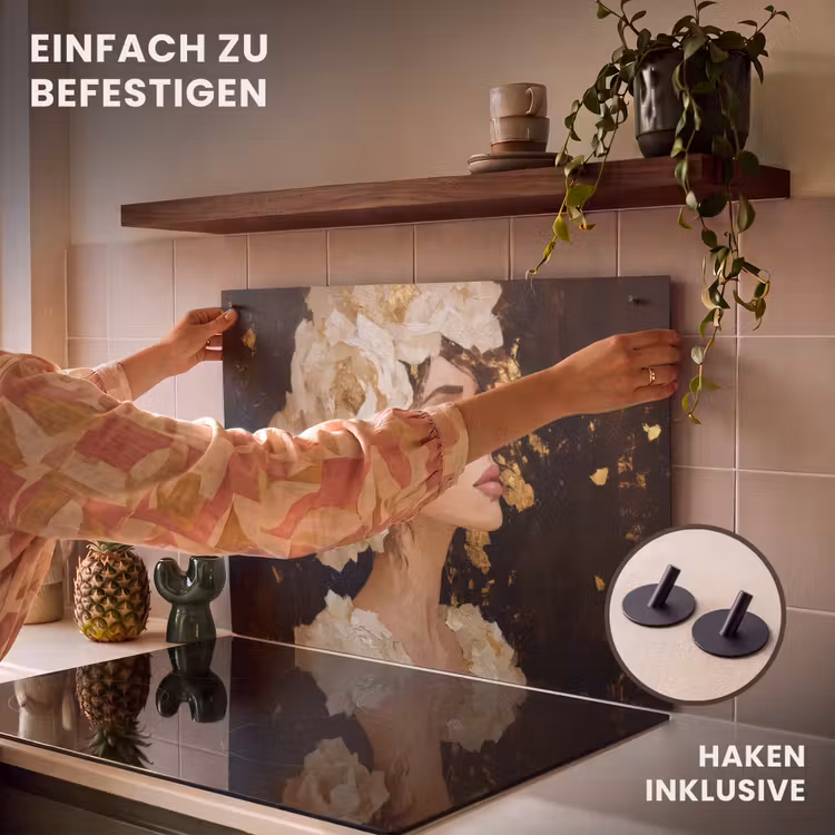 2-in-1 Herdabdeckplatte & Spritzschutz - Abstrakt - Frau - Blumen - Weiß - Abstract - Vrouw - Bloemen - Wit Inductie beschemer met haakjes klein