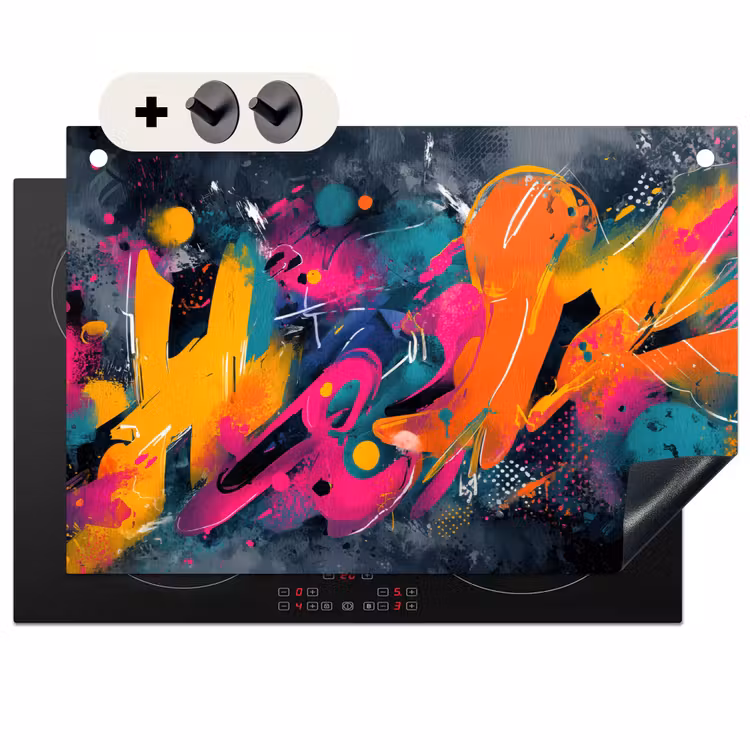2-in-1 Herdabdeckplatte & Spritzschutz - Abstrakt - Graffiti - Farbenfroh - Farbspritzer - Abstract - Graffiti - Kleurrijk - Verfspatten Inductie beschemer met haakjes klein