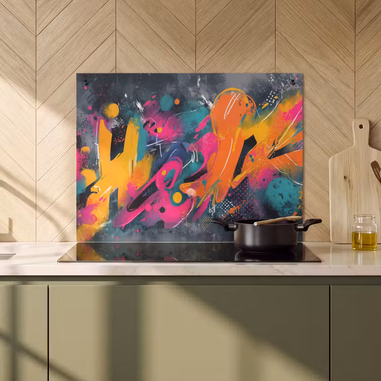 2-in-1 Herdabdeckplatte & Spritzschutz - Abstrakt - Graffiti - Farbenfroh - Farbspritzer - Abstract - Graffiti - Kleurrijk - Verfspatten Inductie beschemer met haakjes klein