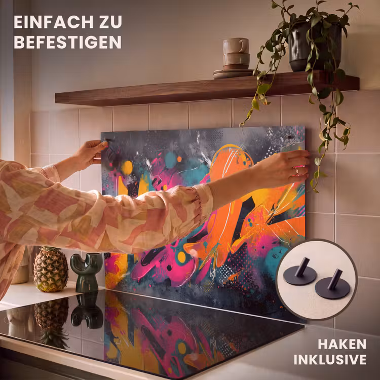 2-in-1 Herdabdeckplatte & Spritzschutz - Abstrakt - Graffiti - Farbenfroh - Farbspritzer - Abstract - Graffiti - Kleurrijk - Verfspatten Inductie beschemer met haakjes klein